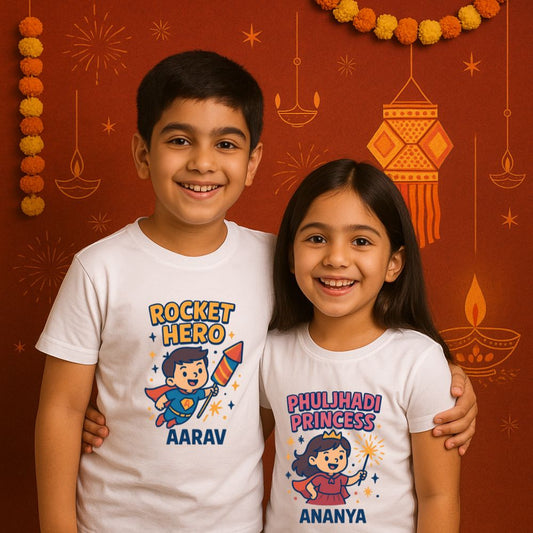 Personalized "Rocket Hero" & "Phuljhari Princess" Sibling Diwali T-Shirt Set