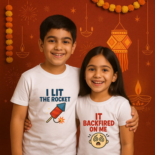 I Lit The Rocket, It Backfired Funny Sibling Diwali T-Shirt Set