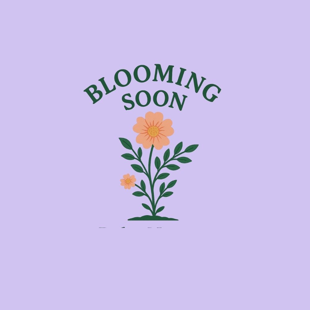 Placeholder graphic with 'Blooming Soon' text and a flower on a light purple background