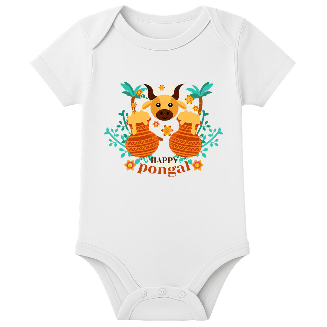 Personalized Pongal Baby Romper with Name – Traditional Thai Pongal Outfit for Newborns - WHITE - 0 - 3 Months (Chest 18")