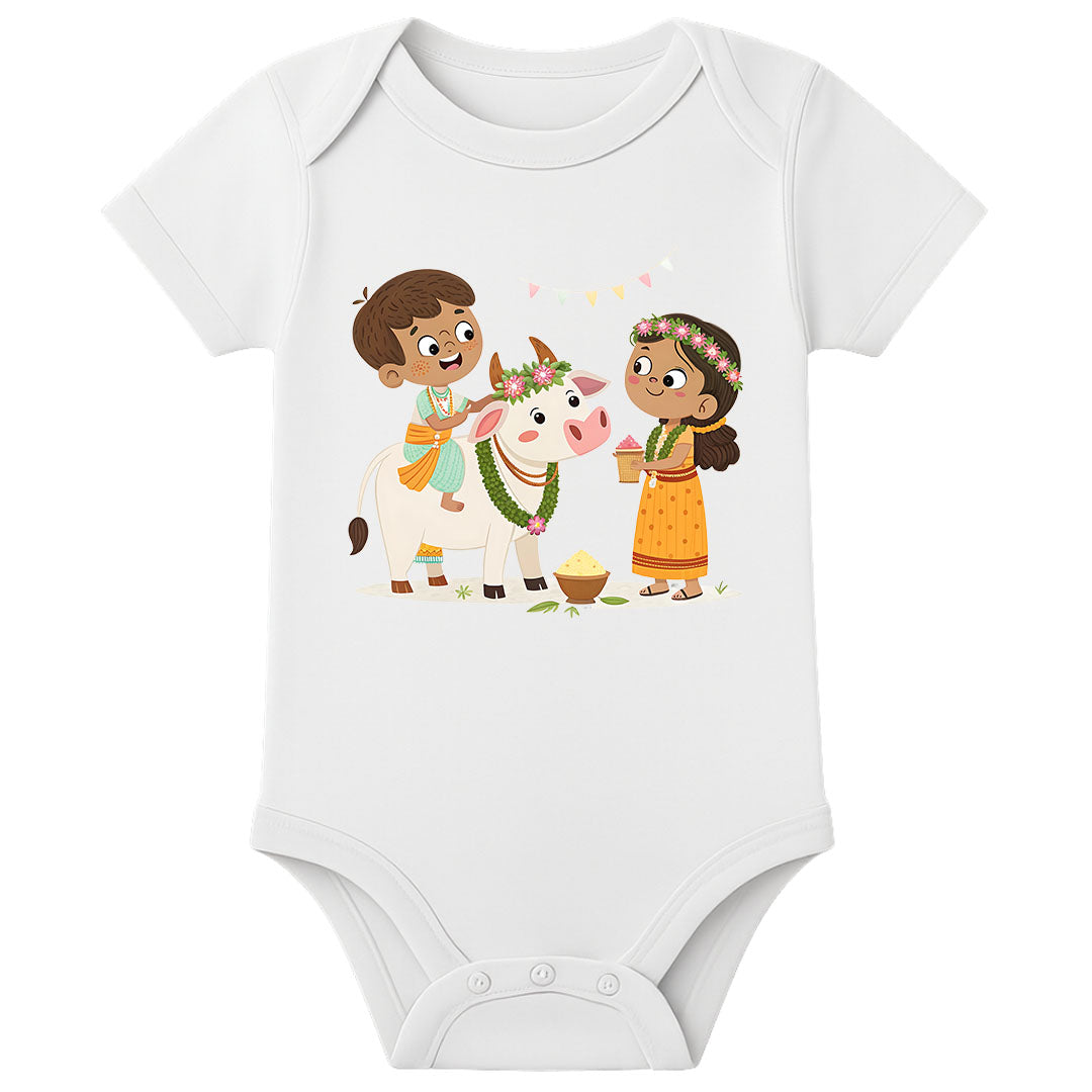 My First Pongal Baby Onesie – Custom Name Printed Pongal Romper for Boys & Girls - WHITE - 0 - 3 Months (Chest 18")