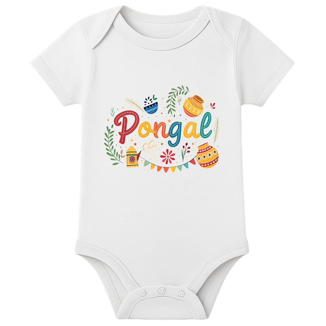 Traditional Pongal Baby Romper with Name – First Festival Outfit for Babies - WHITE - 0 - 3 Months (Chest 18")