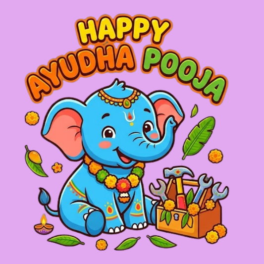 Personalized Happy Ayudha Pooja Kids T-Shirt | Baby Elephant Design with Name
