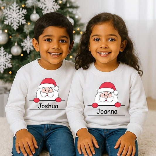 Personalized 'Peek-a-Boo' Santa Christmas Custom Name Siblings Sweatshirt