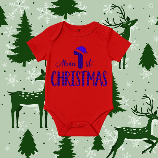Blue Santa Hat & Patterned Text Design Personalized 1st Christmas Baby Romper