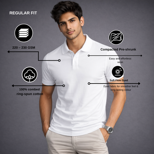 Men’s White Basic Polo T-Shirt – Cotton Collar Tee | Regular Fit