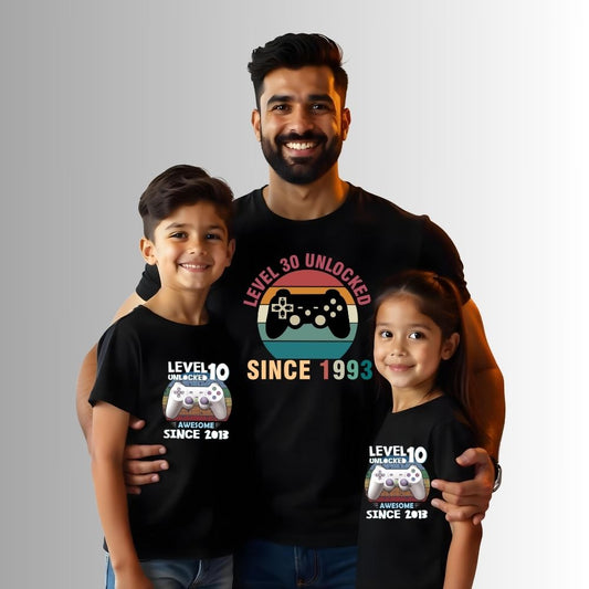 Gamer's Level Unlocked - Father & Kids Matching Funny Combo Tees