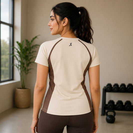 Women's Beige & Brown Active Wear Performance T-Shirt | Quick Dry Gym & Fitness Sports Tee