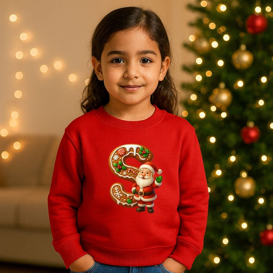 Personalized Kids Gingerbread Initial Sweatshirt | Custom Letter 'S' & Santa Sweatshirt