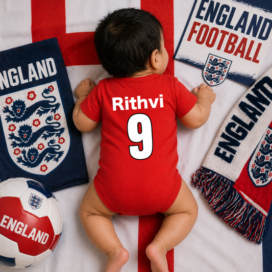England Baby Soccer Jersey Romper – Personalized Football Fan Outfit for Babies