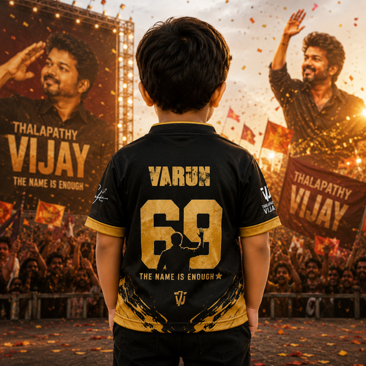 Thalapathy Vijay Kids Black Fan Jersey | Premium Gold Edition Half Sleeve T-Shirt for Boys