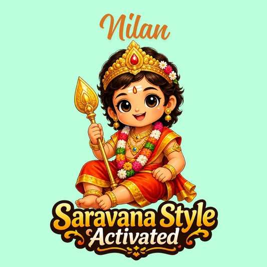 Saravana Style Activated Personalized Kids T-Shirt | Custom Name Murugan T-Shirt for Boys | Cute Lord Murugan Devotional Cotton Tee
