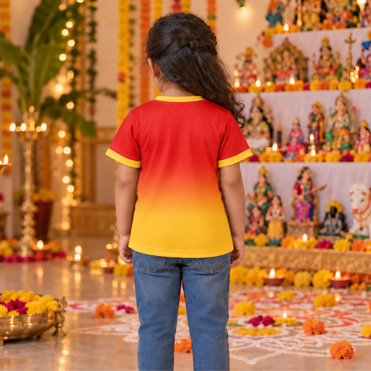 Ayudha Pooja Kids Jersey T-Shirt | Red and Yellow Festive Tools Print