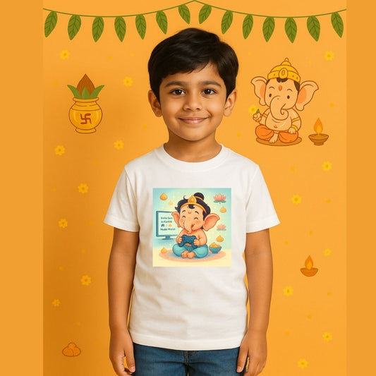 Ganesh Chathurthi Gaming T-Shirt for Kids - Mission Modak Ganpati T-Shirt Joystick Edition