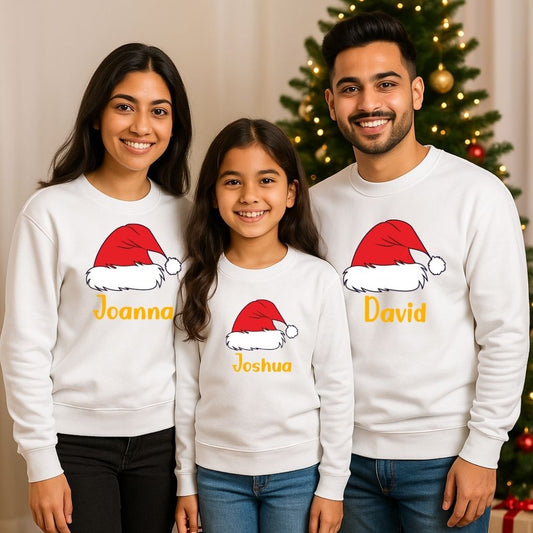 Xmas Matching SweatShirts for Family Custom Name with Santa Hat Graphic