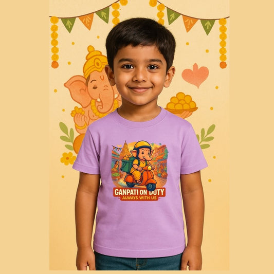 Lavender t-shirt with a cartoon Ganesha Riding Scooter for delivering Modaks