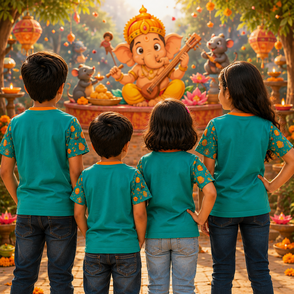 Kids Ganesh Chaturthi Jersey | Cute Bal Ganpati Bappa All Over Print T-Shirt for Boys & Girls
