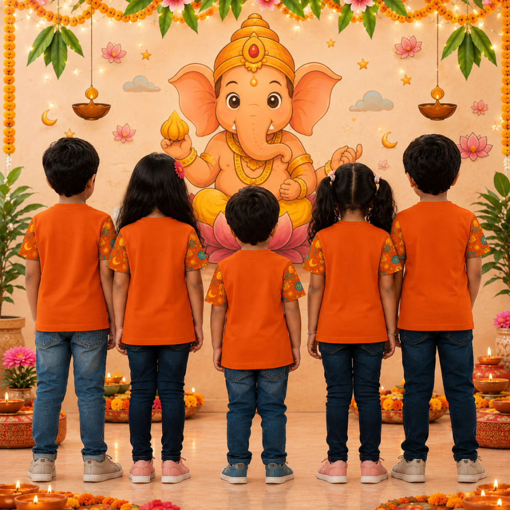 Kids Ganesh Chaturthi Jersey | Cute Ganpati Bappa Orange All Over Print T-Shirt for Boys & Girls