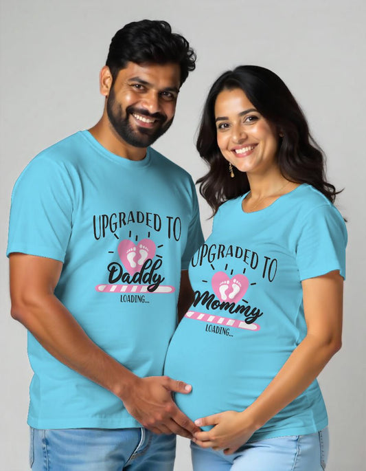 Aquablue Maternity Couple Matching T-shirts with the text 'UPGRADED TO MOMMY DADDY' Text printed