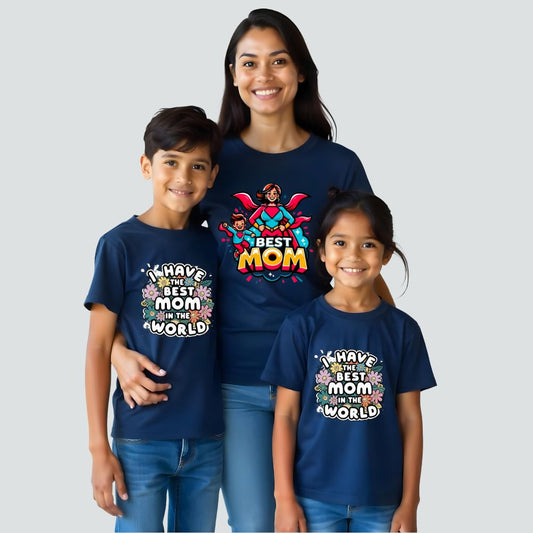Mom and Kids Matching Navyblue t-shirts with text 'BEST MOM, HAPPY BIRTHDAY'