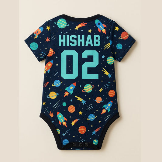 Baby onesie with space-themed design with name Number print