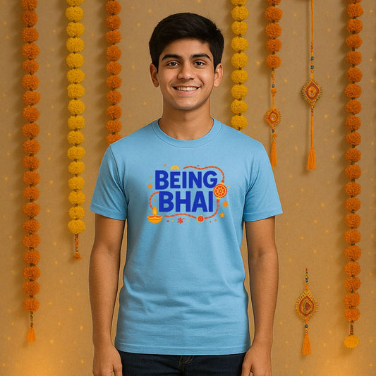 Big brother posing in a blue Rakhi edition t-shirt designed for Raksha Bandhan celebrations.