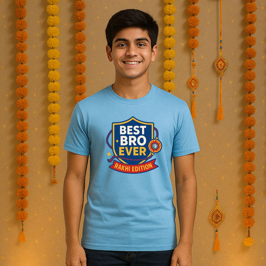 Big brother posing in a blue Rakhi edition t-shirt designed for Raksha Bandhan celebrations.