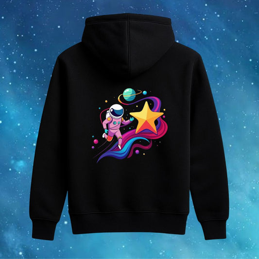 Black hoodie with a colorful astronaut and star design black