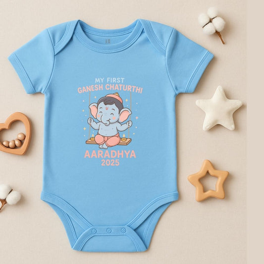 Pastelblue baby onesie with Ganesh Chaturthi Designs