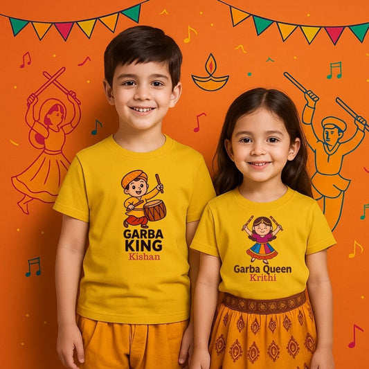 'Garba King' and 'Garba Queen' Siblings Matching Tshirt Mustard