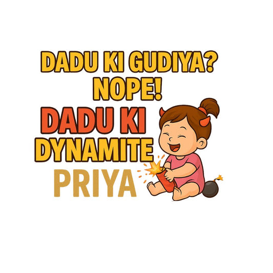 Girl Cartoon character holding dynamite with text Dadu Ki Dynamite