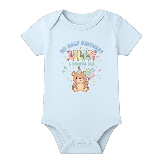 Half Birthday Party Romper Custom Baby Outfit - BABY SKY - 0 - 3 Months (Chest 18")