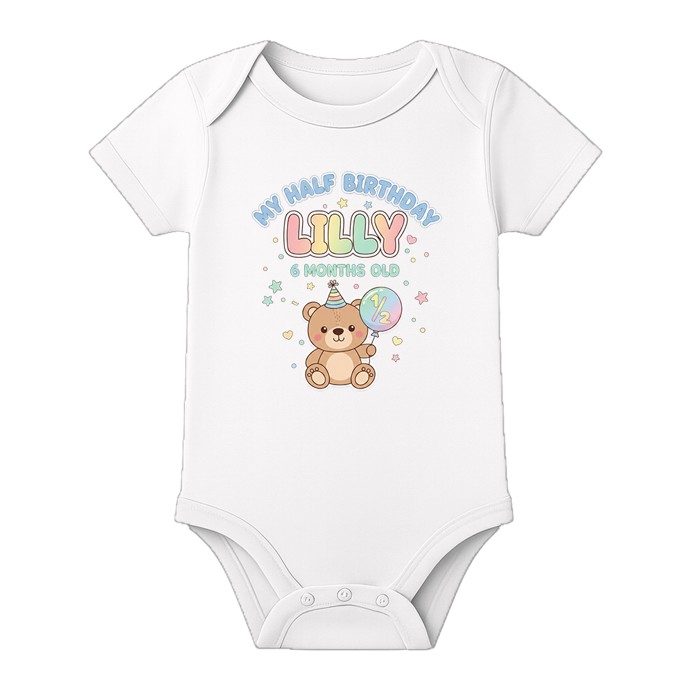 Half Birthday Party Romper Custom Baby Outfit - WHITE - 0 - 3 Months (Chest 18")