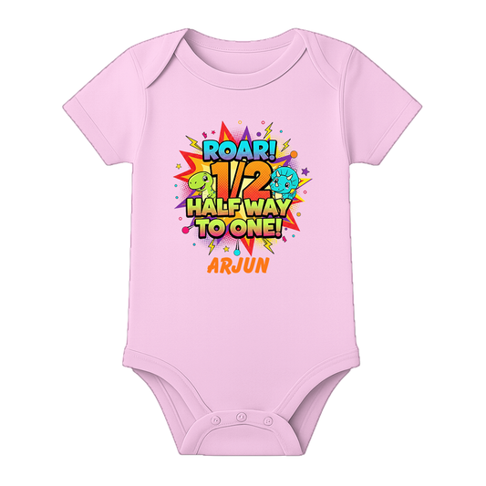 Half Birthday Baby Boy Onesie Custom Name - BABY PINK - 0 - 3 Months (Chest 18")