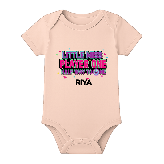 Six Month Birthday Baby Bodysuit Custom Name - BABY PEACH - 0 - 3 Months (Chest 18")