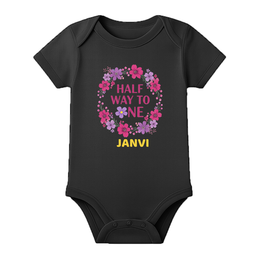 Half Birthday Custom Name Romper Premium Cotton - BLACK - 0 - 3 Months (Chest 18")