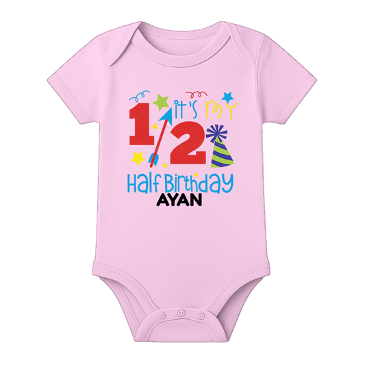 Half Birthday Baby Gift Personalized Romper - BABY PINK - 0 - 3 Months (Chest 18")