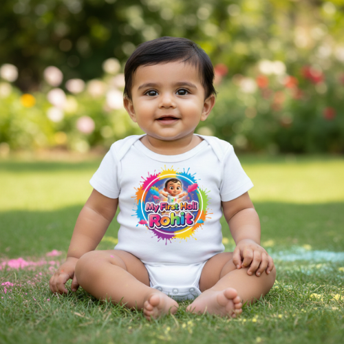 My First Holi Romper – Personalized Baby Name Outfit - WHITE - 0 - 3 Months (Chest 18")
