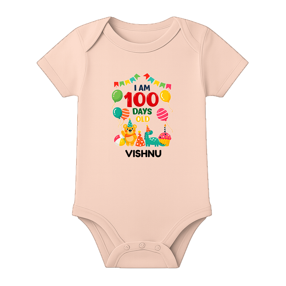Custom 100 Days Baby Romper with Name Print - BABY PEACH - 0 - 3 Months (Chest 18")