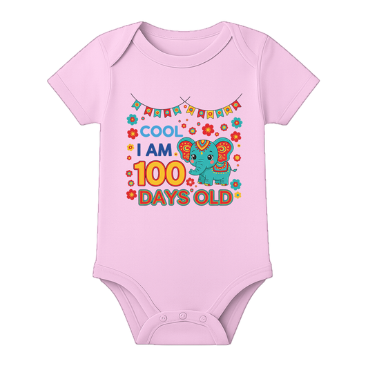 100th Day Baby Onesie Cute Printed Cotton Dress - BABY PINK - 0 - 3 Months (Chest 18")