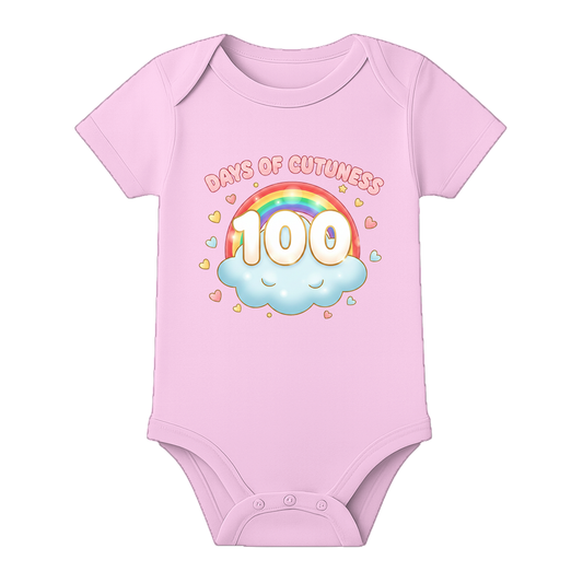 100 Days Baby Bodysuit Milestone Printed Cotton Wear - BABY PINK - 0 - 3 Months (Chest 18")