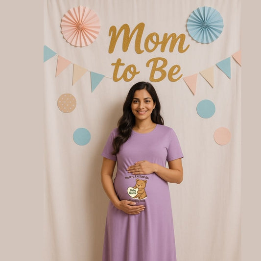 Lavenser Maternity Dress, Bear Design and text Personalised Name and Due Year 'Bear-y Excited for Boarding'