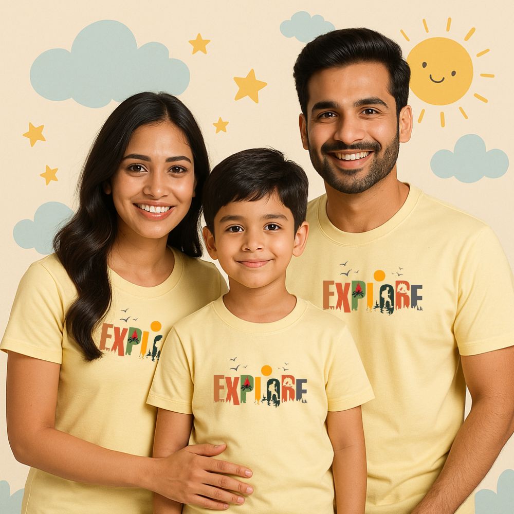 Family t shirts set - Explore Printed Lite Yellow Family Tshirt