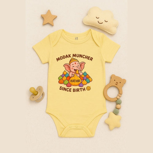 Lite Yellow baby bodysuit with cartoon character for Vinayagar Chathurthi