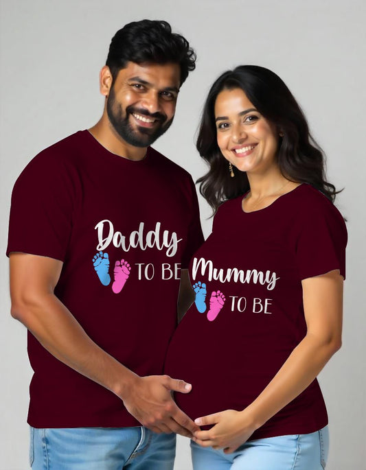 Maroon Maternity Couple Matching Tshirt 'Daddy to be Mummy to be' printed