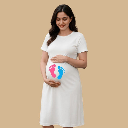 Maternity Dress White with Baby Footprints Printed in Pink and Blue