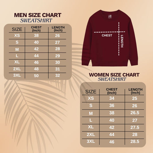 Size charts for men's and women's sweatshirts