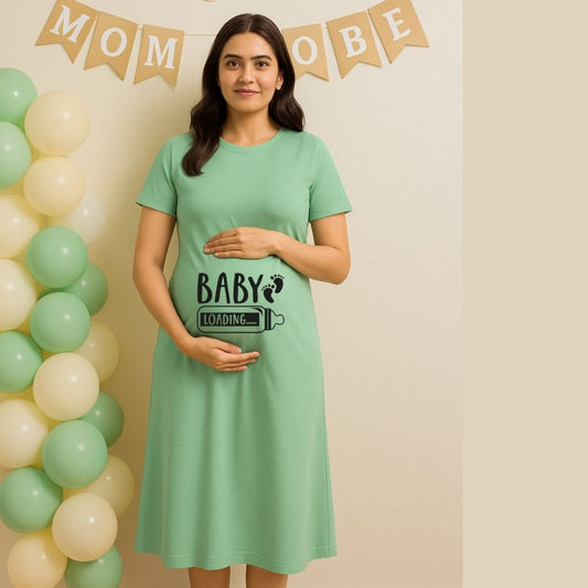 Mintgreen Maternity Dress, 'Baby Loading' text and Feeding Bottle, Baby Footprint design