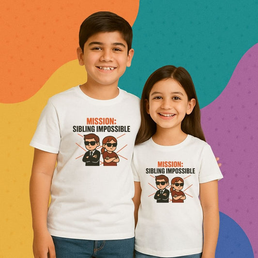 Mission Sibling Impossible tees with secret agent icons – perfect Rakhi gift 2025 for brothers and sisters on a fun sibling mission