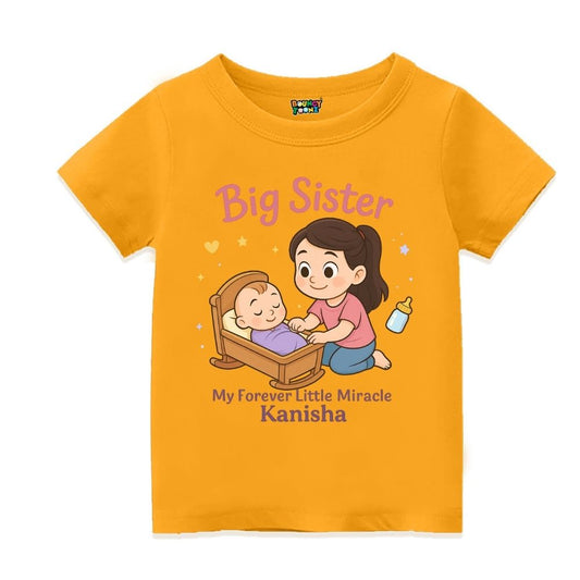 Mustard 'Big Sister' t-shirt with personalized text "My Forever Little Miracle"